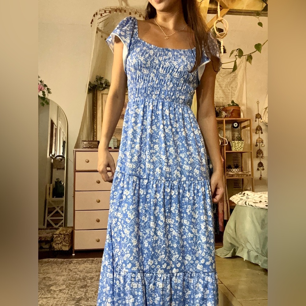 blue floral smocked maxi dress